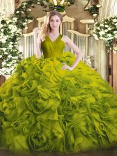 Glittering Fabric With Rolling Flowers V-neck Sleeveless Zipper Ruffles Quince Ball Gowns in Olive Green