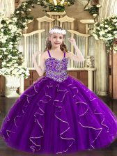  Purple Organza Lace Up Straps Sleeveless Floor Length Pageant Dress Toddler Beading and Ruffles