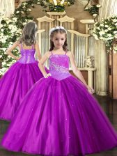  Purple Ball Gowns Straps Sleeveless Tulle Floor Length Lace Up Beading Pageant Dress for Teens