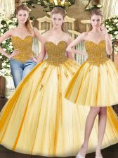  Ball Gowns Sweet 16 Dress Gold Sweetheart Tulle Sleeveless Floor Length Lace Up