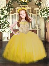 Inexpensive Sleeveless Floor Length Beading Zipper Pageant Dresses with Gold