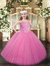 Best Rose Pink Straps Lace Up Beading Pageant Gowns For Girls Sleeveless