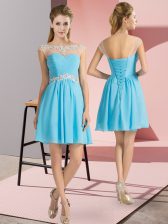  Aqua Blue Lace Up Prom Dresses Beading Cap Sleeves Mini Length