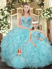 Sexy Sleeveless Floor Length Beading and Ruffles Lace Up Quince Ball Gowns with Aqua Blue