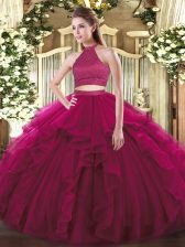  Two Pieces Quinceanera Gown Fuchsia Halter Top Tulle Sleeveless Floor Length Backless