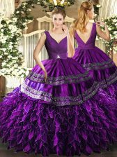  Eggplant Purple 15th Birthday Dress Sweet 16 and Quinceanera with Beading and Ruffles and Ruching V-neck Sleeveless Backless