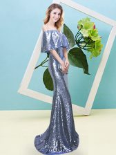 Modest Floor Length Mermaid Half Sleeves Blue Prom Party Dress Zipper