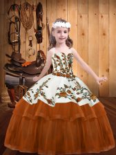  Sleeveless Floor Length Embroidery Lace Up Pageant Dress for Girls with Rust Red