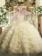 Attractive Straps Sleeveless Quinceanera Gown Floor Length Beading and Ruffled Layers Gold Organza