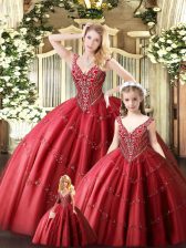  Straps Sleeveless Quinceanera Gown Floor Length Beading Red Tulle