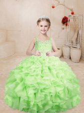  Yellow Green Sleeveless Floor Length Beading and Ruffles Lace Up Pageant Dress for Womens