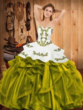 Romantic Olive Green Lace Up Quinceanera Gown Embroidery and Ruffles Sleeveless Floor Length