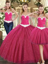  Fuchsia Tulle Lace Up Sweetheart Sleeveless Floor Length Quinceanera Dresses Ruching