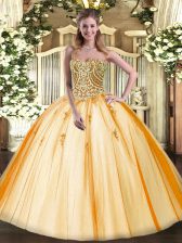 Designer Gold Lace Up Sweetheart Beading Sweet 16 Dress Tulle Sleeveless
