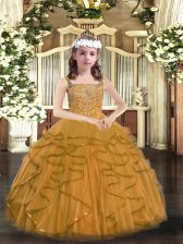 Fashionable Brown Ball Gowns Straps Sleeveless Tulle Floor Length Lace Up Beading and Ruffles Child Pageant Dress