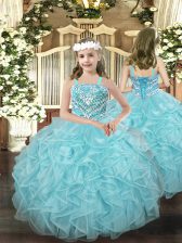  Sleeveless Organza Floor Length Lace Up Little Girls Pageant Dress Wholesale in Light Blue with Beading and Ruffles