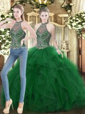 Two Pieces Quinceanera Gowns Dark Green High-neck Organza Sleeveless Floor Length Lace Up