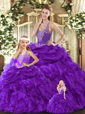  Purple Lace Up Sweet 16 Dresses Beading and Ruffles Sleeveless Floor Length