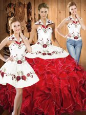 Affordable Sleeveless Floor Length Embroidery and Ruffles Lace Up Quinceanera Gowns with White And Red 