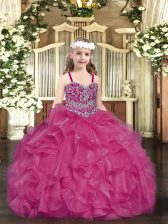 Floor Length Fuchsia Little Girls Pageant Dress Organza Sleeveless Beading and Ruffles