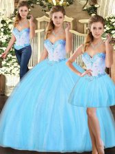 Delicate Three Pieces Quinceanera Gowns Baby Blue Sweetheart Tulle Sleeveless Floor Length Lace Up