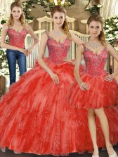 Red Three Pieces Straps Sleeveless Organza Floor Length Lace Up Beading and Ruffles Vestidos de Quinceanera
