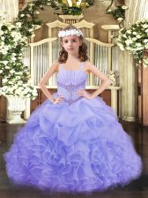 Nice Floor Length Lace Up Little Girls Pageant Gowns Lavender for Party and Quinceanera with Beading and Ruffles and Pick Ups