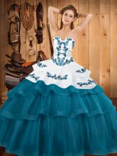  Strapless Sleeveless Tulle Quinceanera Dresses Embroidery and Ruffled Layers Sweep Train Lace Up