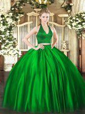 Unique Green Two Pieces Satin Halter Top Sleeveless Ruching Floor Length Zipper Quinceanera Gowns