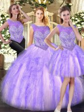 Superior Lilac Sweet 16 Dress Military Ball and Sweet 16 and Quinceanera with Beading and Ruffles Scoop Sleeveless Zipper