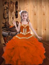  Orange Red Lace Up Straps Embroidery and Ruffles Kids Pageant Dress Organza Sleeveless