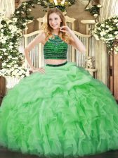 Pretty Apple Green Ball Gowns Organza Halter Top Sleeveless Beading and Ruffles Floor Length Zipper Sweet 16 Dress
