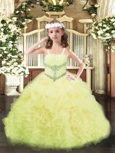 Latest Yellow Ball Gowns Beading and Ruffles and Pick Ups Girls Pageant Dresses Lace Up Organza Sleeveless Floor Length
