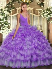 Sexy Floor Length Backless Quinceanera Gown Lavender for Sweet 16 and Quinceanera with Beading and Ruffled Layers