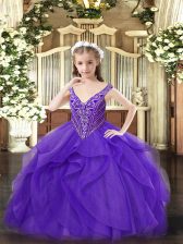  Eggplant Purple Tulle Zipper Little Girl Pageant Dress Sleeveless Floor Length Beading and Ruffles