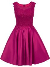  Fuchsia A-line Satin Scoop Sleeveless Lace Mini Length Zipper Damas Dress