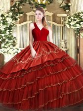 Dazzling V-neck Sleeveless Quinceanera Gowns Floor Length Embroidery and Ruffled Layers Wine Red Satin and Organza