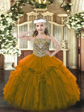 Popular Brown Organza Lace Up Straps Sleeveless Floor Length Little Girl Pageant Dress Beading and Ruffles