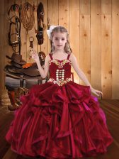 Luxurious Red Sleeveless Floor Length Embroidery and Ruffles Lace Up Little Girls Pageant Dress Wholesale