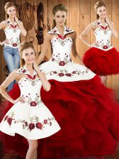  Satin and Organza Halter Top Sleeveless Lace Up Embroidery and Ruffles Quinceanera Dresses in Wine Red