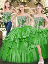  Floor Length Green 15 Quinceanera Dress Tulle Sleeveless Beading and Ruffled Layers