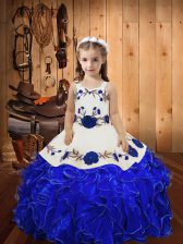 High End Sleeveless Organza Floor Length Lace Up Little Girls Pageant Gowns in Royal Blue with Embroidery and Ruffles