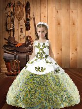 Inexpensive Multi-color Ball Gowns Embroidery Kids Pageant Dress Lace Up Fabric With Rolling Flowers Sleeveless Floor Length