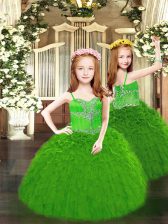  Green Lace Up Spaghetti Straps Beading and Ruffles Child Pageant Dress Organza Sleeveless