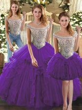 Comfortable Purple Bateau Lace Up Beading and Ruffles Sweet 16 Dresses Sleeveless