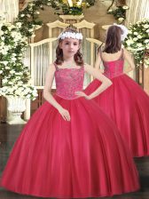 On Sale Coral Red Ball Gowns Beading Girls Pageant Dresses Lace Up Tulle Sleeveless Floor Length