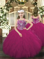  Sleeveless Tulle Floor Length Lace Up Kids Formal Wear in Fuchsia with Beading and Ruffles