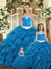  Teal Lace Up Sweetheart Ruffles Sweet 16 Dress Tulle Sleeveless