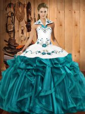 Discount Teal Sleeveless Embroidery and Ruffles Floor Length Quince Ball Gowns