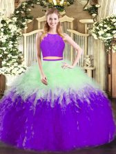 Graceful Multi-color Two Pieces Tulle Scoop Sleeveless Ruffles Floor Length Zipper 15 Quinceanera Dress